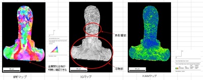 半導体　EBSD　解析　ICパッケージ内Auバンプ（結晶単位の方位、状態をカラー表示）