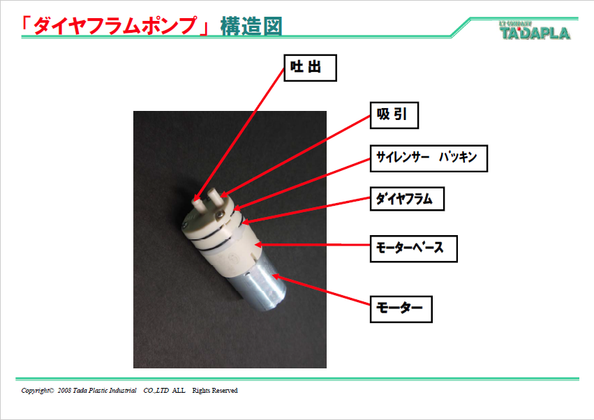 小型dcダイヤフラムポンプ マイクロポンプ 気体用 加圧 吸引 液体用 構造図 多田プラスチック工業株式会社